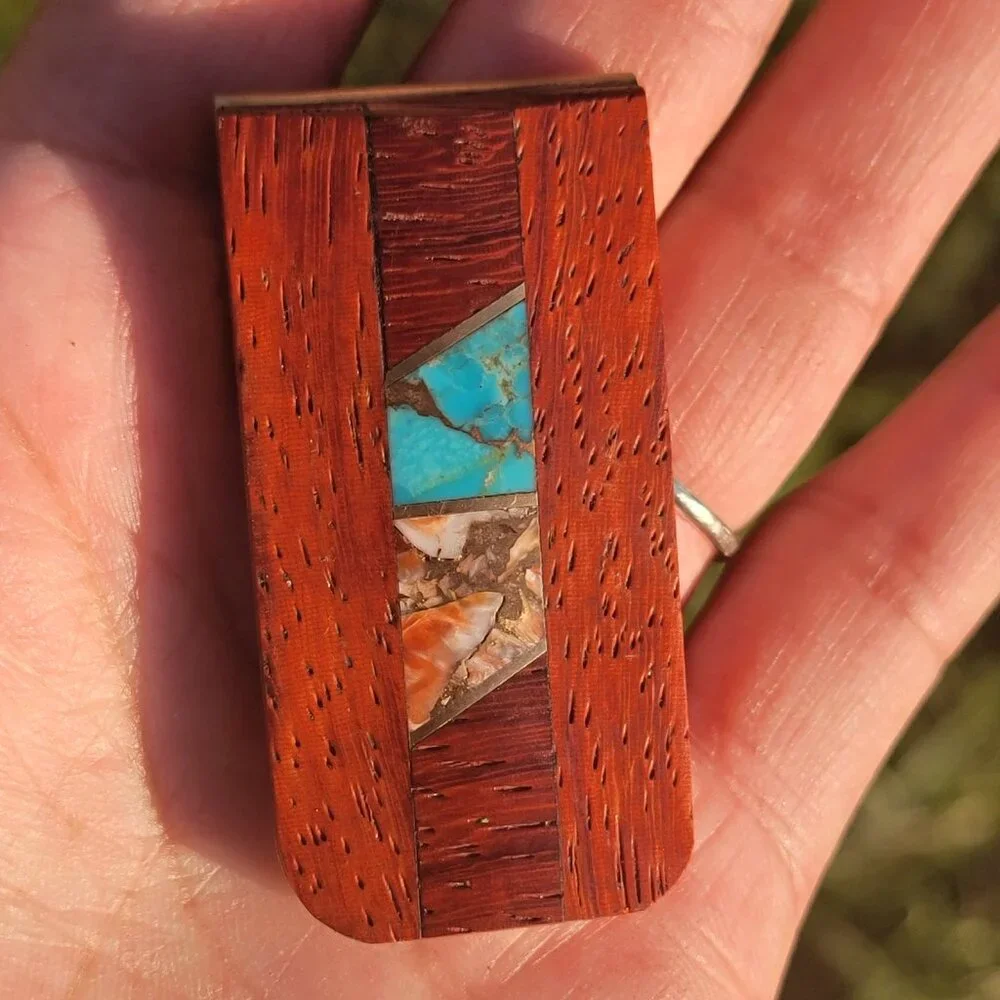 Handmade Southwestern copper turquoise, copper spiny oyster, rosewood money clip